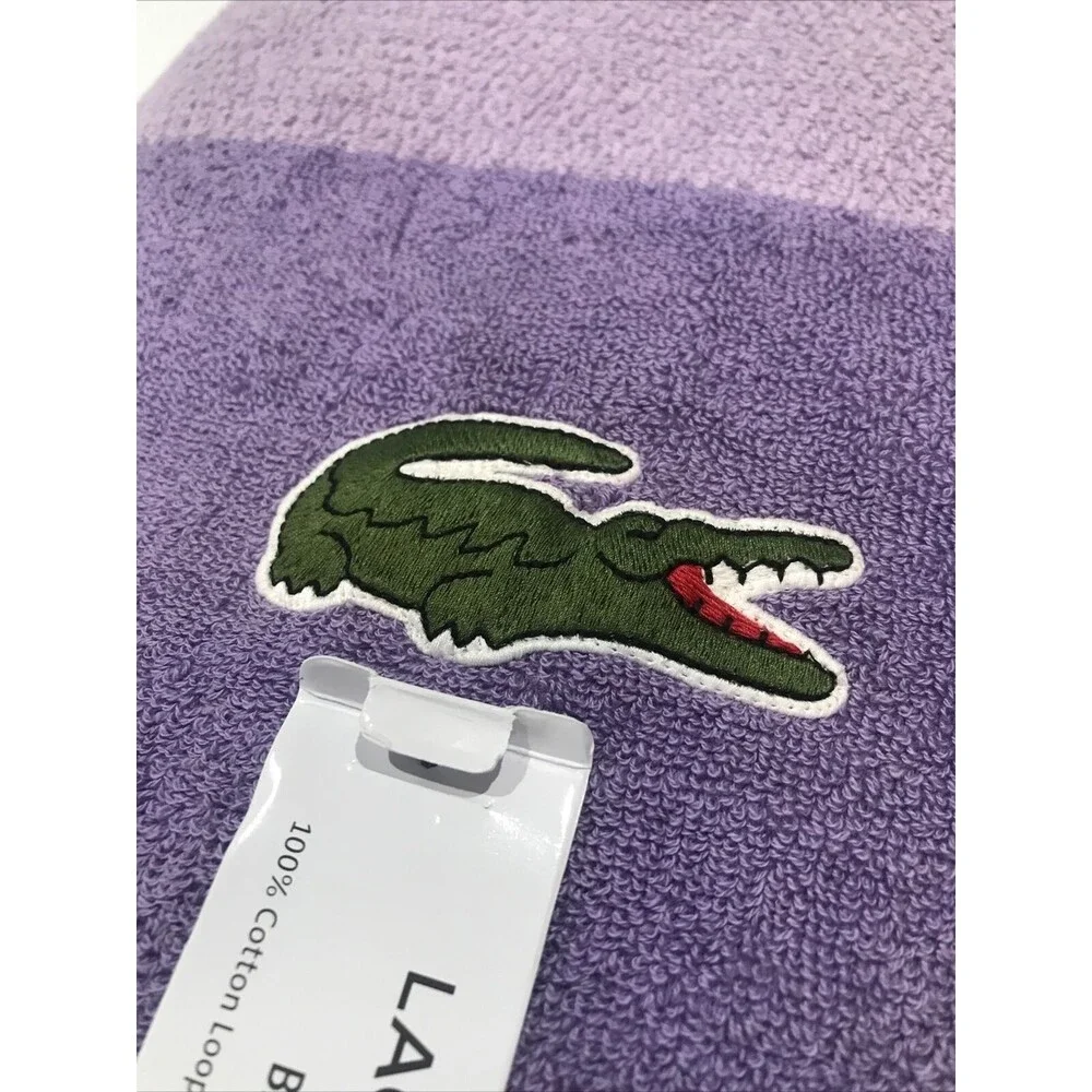 Lacoste Purple Bath Towel Big Crocodile Logo Textured 100% Cotton 30
